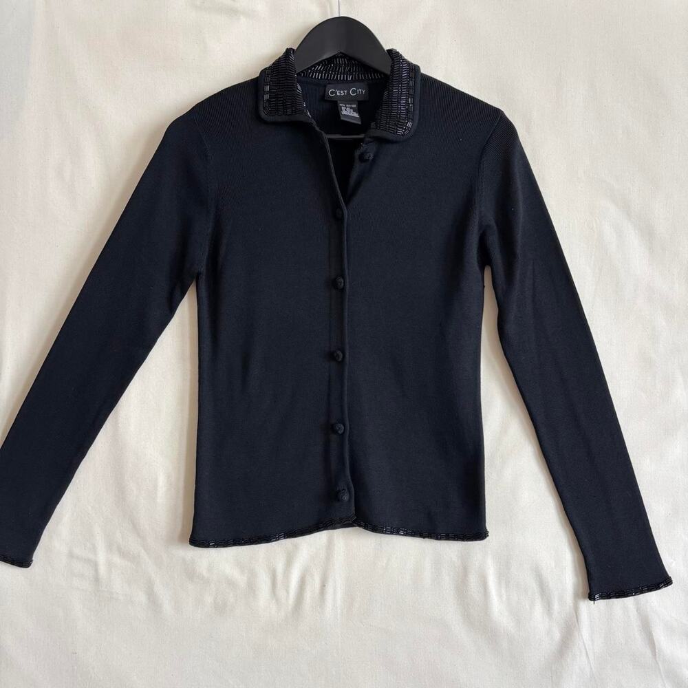 C’est City Black 100% Silk Beaded button up Cardigan - Size M